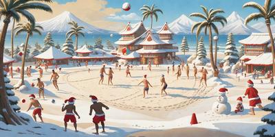 The image is a painting of a beach scene with a group of people playing volleyball on the sand. The primary subject is a man in a Santa hat, who is actively participating in the game. The setting is a beach with a snowy mountain in the background. The visual style is a painting, and the colors and mood are festive and joyful, with the presence of the Santa hat adding a touch of holiday cheer.